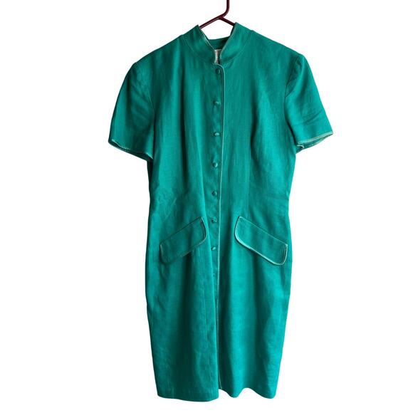 Vintage 80s Womens Linen Green Button Front Dress Sz 8 Short Sleeve Maggy London - Picture 2 of 8